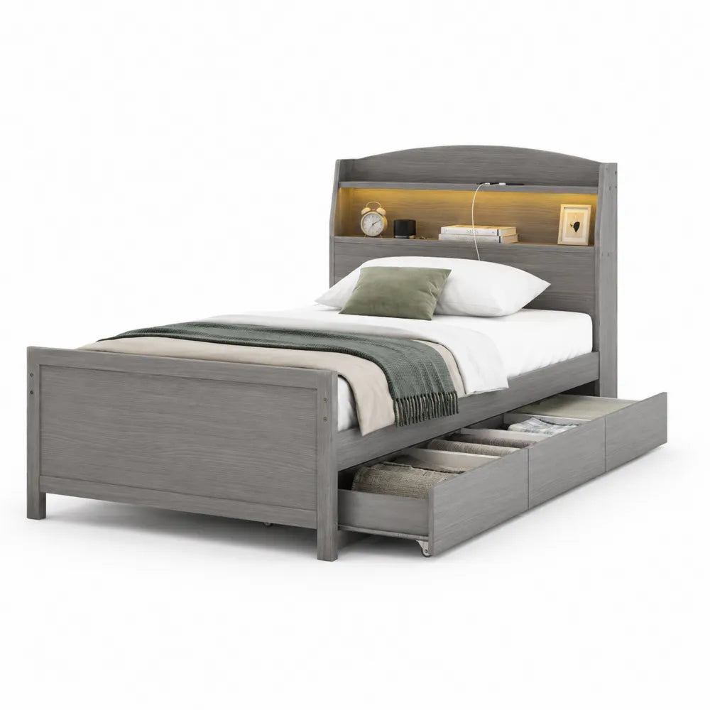 Einzelbett mit Schubladen und LED-Beleuchtung MDF Grau 200x90cm