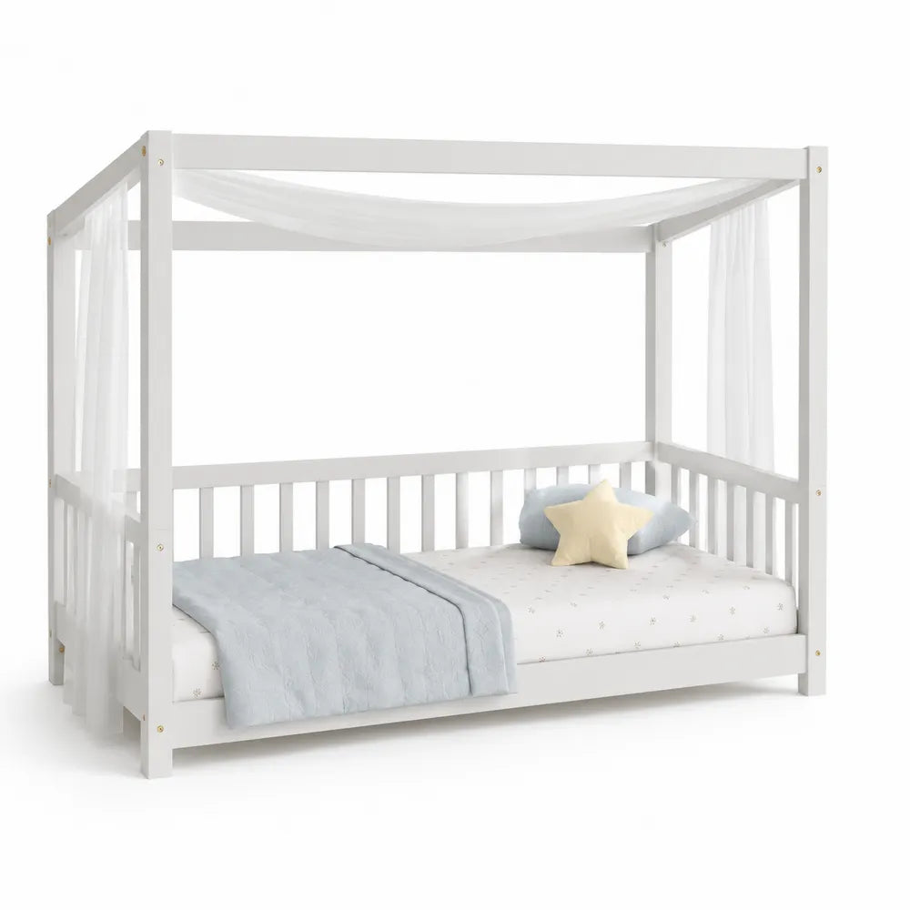 Weißes Kinderhausbett mit Baldachin aus Holz 200x90 cm
