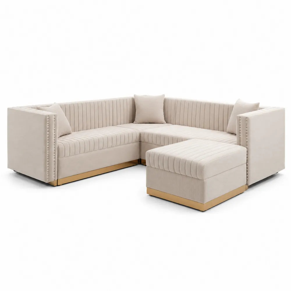 Ecksofa mit Hocker Cord Beige L-Form