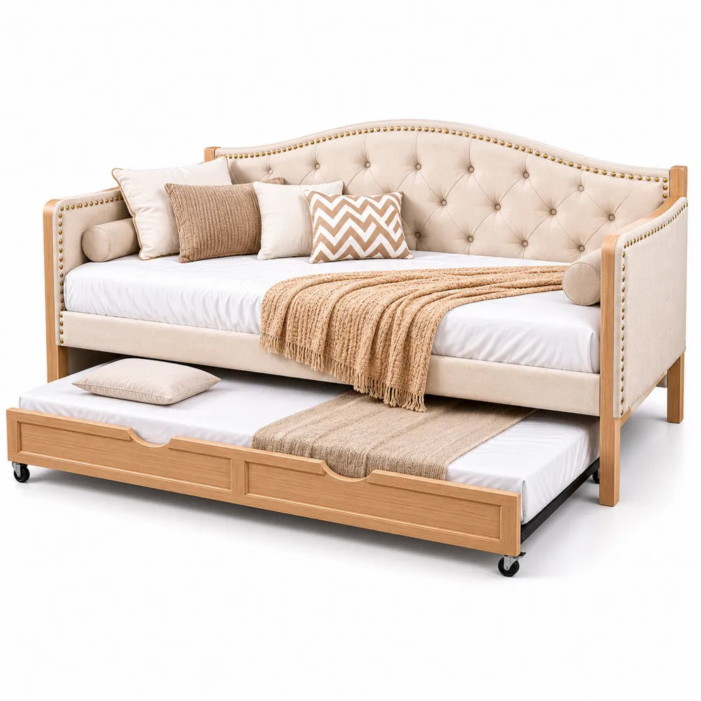Holz Stoff Tagesbett mit Ausziehbett Beige