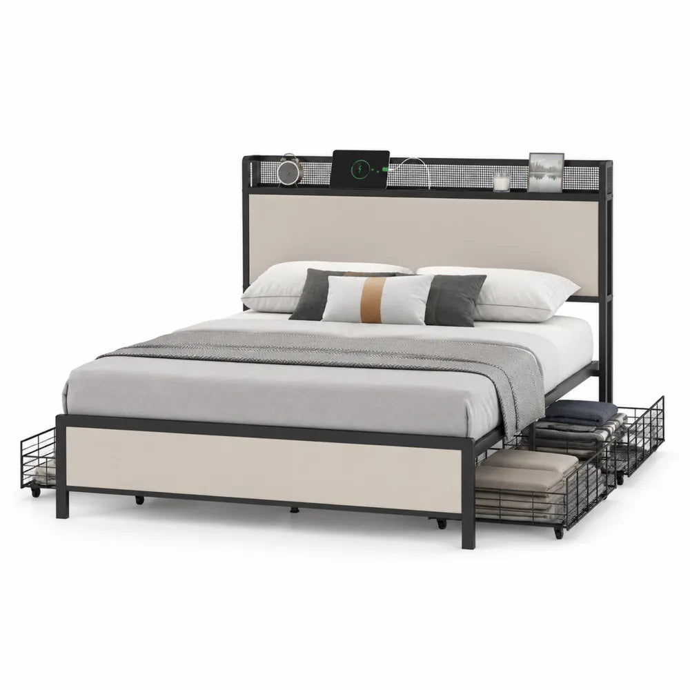 Metallbett mit Aufbewahrung und Kopfteil in Creme/Schwarz