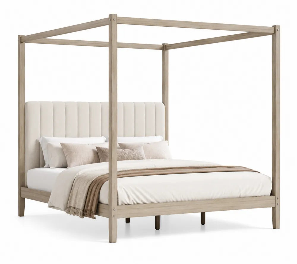 Himmelbett Eiche Leinen Beige 200x140