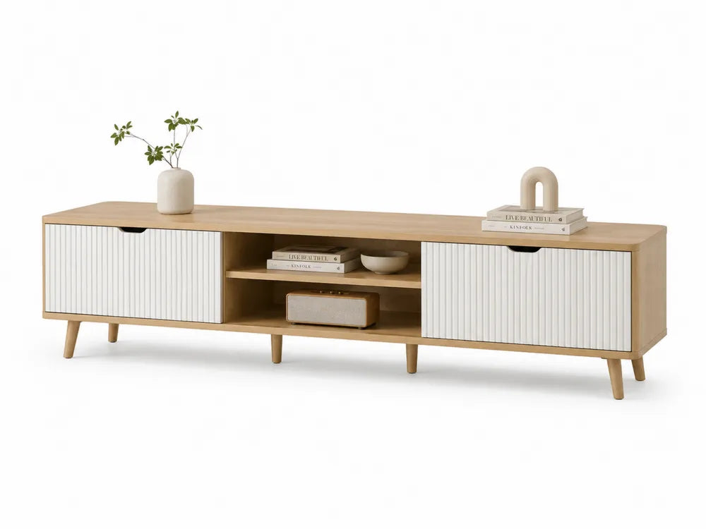 TV-Schrank aus Holz und MDF in Naturholz/Weiß