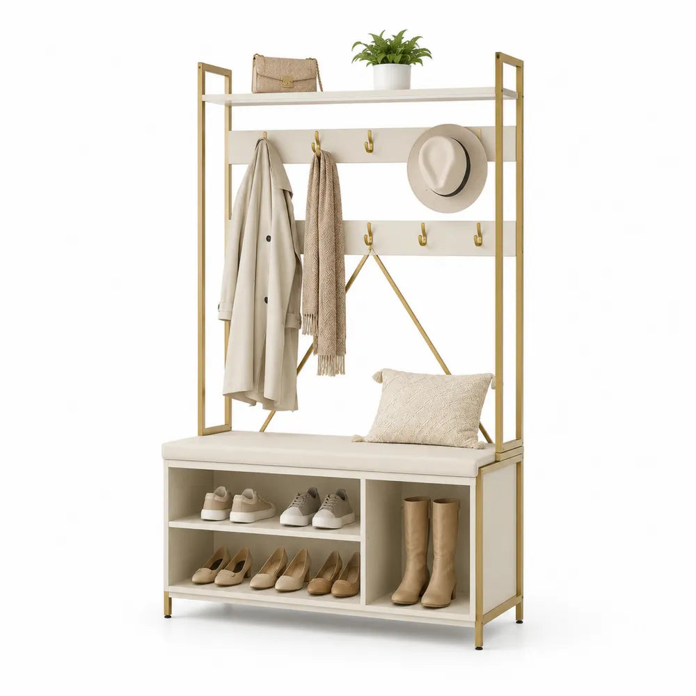 Garderobenständer mit Bank und Schuhregal aus Metall und Holz, Creme, 180cm hoch