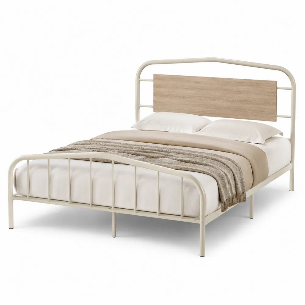 Metallbett mit Kopfteil aus Eiche 140x200 cm Beige