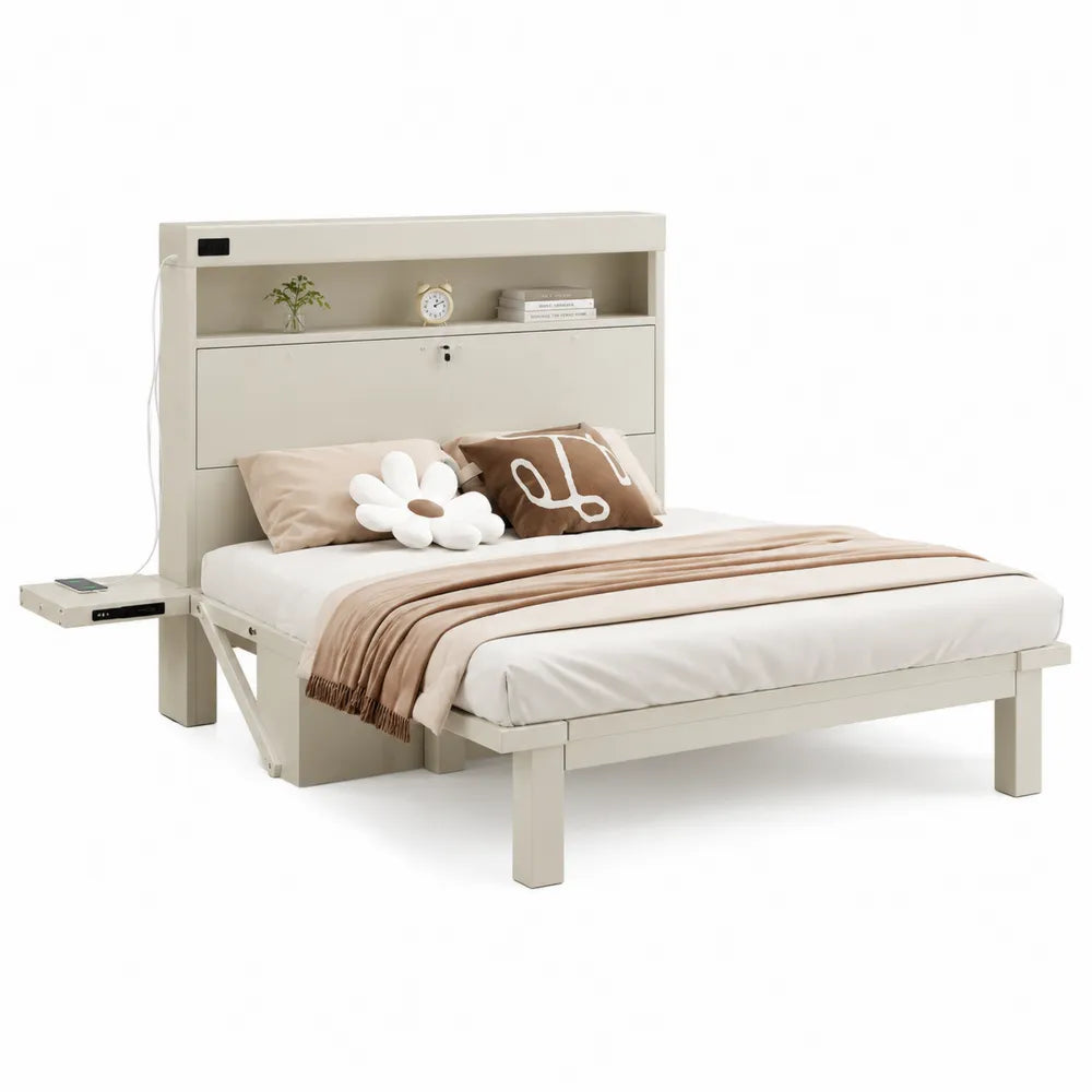 Holzbett mit Regal und Matratze, Beige