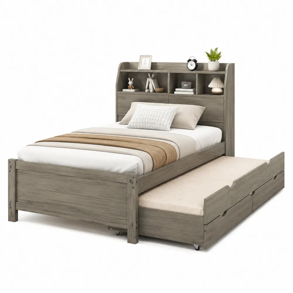Graues Holzbett mit Ausziehbett und Regal 90x200 cm